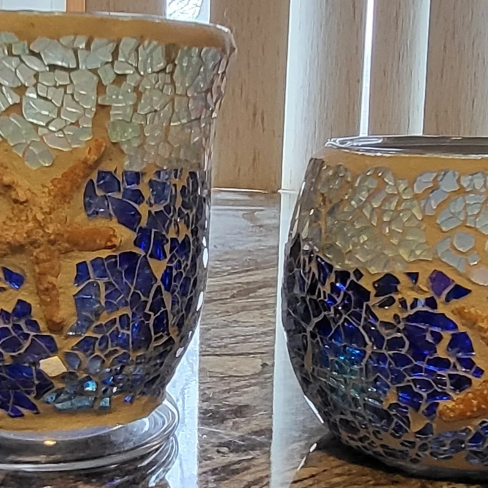 Mosaic Glass Candle Holders with Starfish and Shell Design